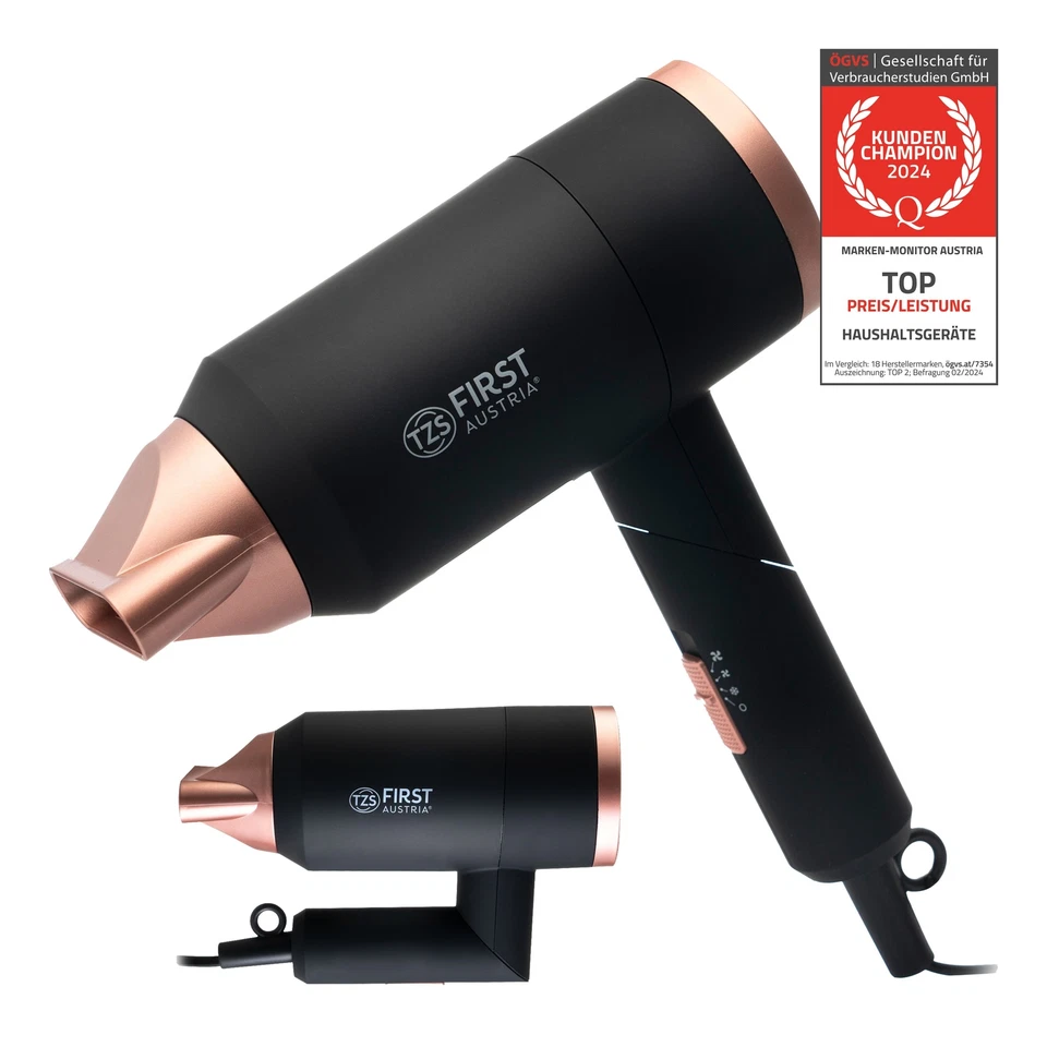TZS FIRST AUSTRIA Profi Haartrockner Klappbar Ionen-Funktion Haarföhn Reisefön 1800W schwarz-rosé