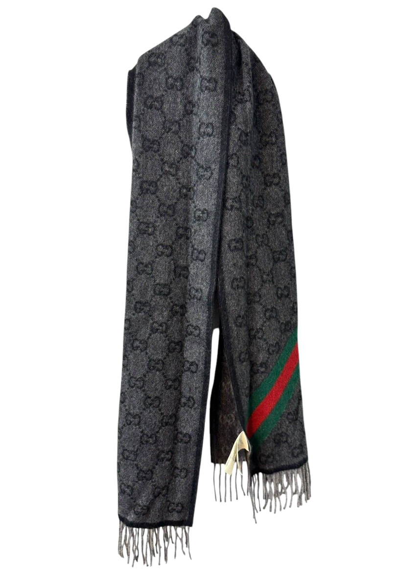 GUCCI GGモノグラムマフラー ダークグレー Auth. Gucci Charcoal/Black/Red/Green Wool Scarf with GG Logo | eBay
