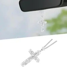 Bling Car Hanging Ornament, Cross Crystal Rhinestone Vehicle Rear View Silver