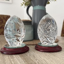 Mayflower Rare Floral Cut Glass Crystal Egg Paperweight with Mirror Stand X 2