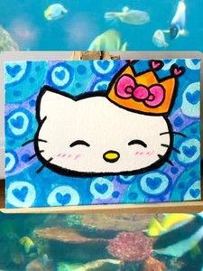 ACEO Original Cat Hello Kitty Crown Queen Blue Cartoon Animal Mini Art Drawing