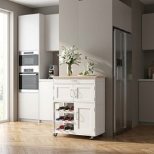 Carrello Cucina Isola Mobile Portabottiglie in Legno 67x37x87 cm Bianco DecHome