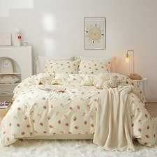 Cute Strawberry Duvet Cover Full 3 Pieces Full 80" x 90" Cream Strawberry