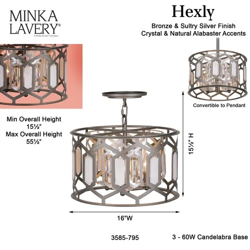 Minka Lavery 3585 Hexly 3 Light 16"W Semi-Flush Drum Ceiling - Coal - Picture 3 of 6