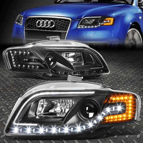[LED DRL+AMBER SIGNAL]FOR 06-08 AUDI A4/S4 B7 BLACK HOUSING PROJECTOR HEADLIGHT - Afbeelding 1 van 12