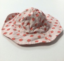 Baby Girl Sun Hat Sz 0-6 Months Pink w/ Strawberries Bucket Hat Tie Strap Summer