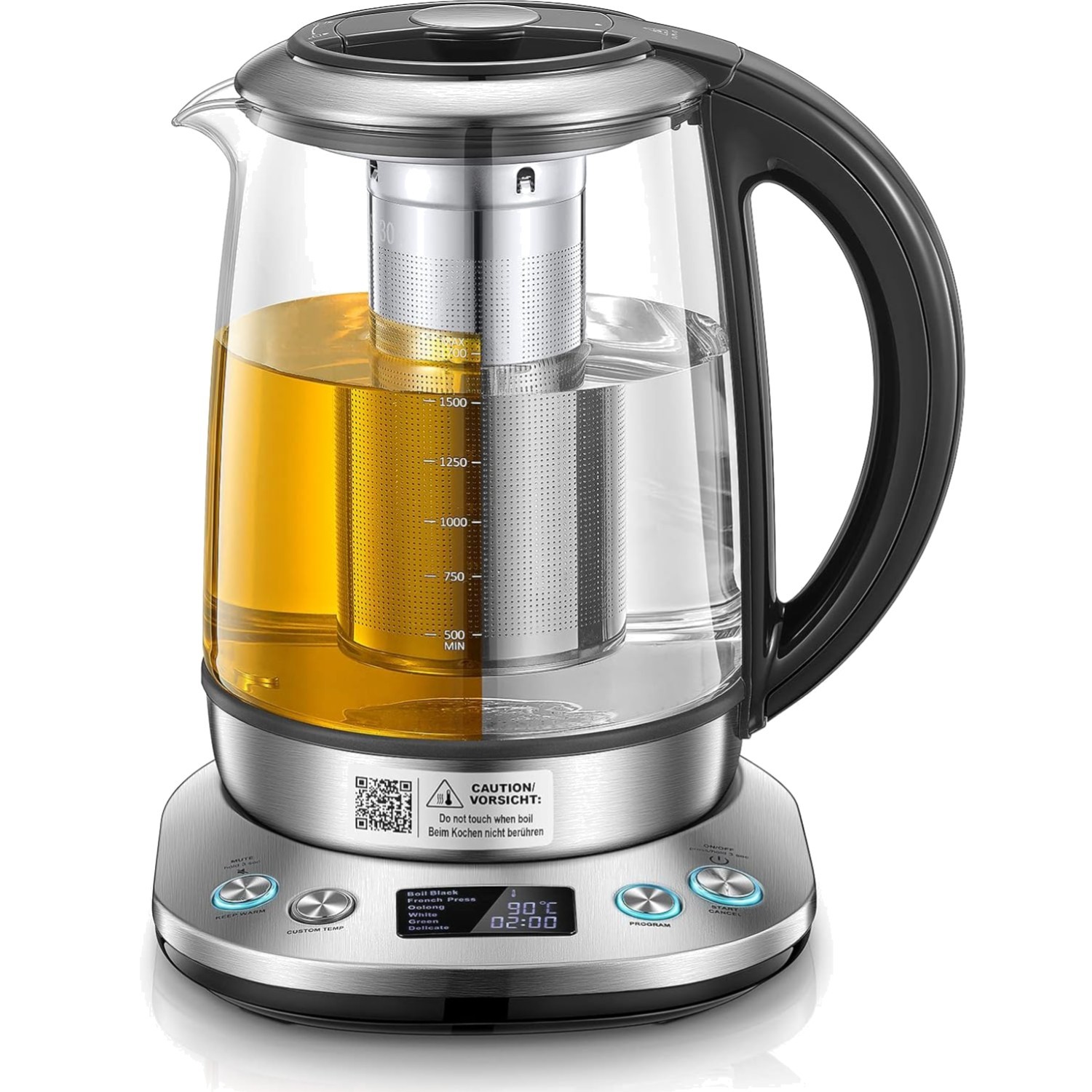 Wasserkocher Glas, 2200W, Temperaturregelung, LCD, Warmhaltefunktion, Edelstahl