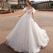 Luxury A-line Wedding Dress Appliques V-neck Backless Off The Shoulder Elegant