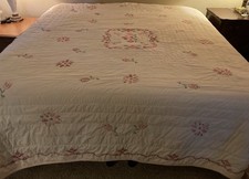 Hand Embroidered and Quilted Floral Cross Stitch Quilt KING Sized 103  x104  