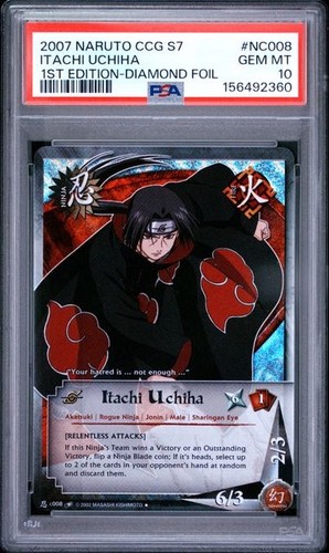 PSA 10: 2007 NARUTO CCG CARD S7 QUEST NC008 ITACHI UCHIHA 1ST ED DIAMOND FOIL