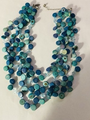 NY Beaded Necklace Round Disc Of Blue Green With Crystal Chip Spacers