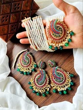 Pakistani Stone Jewelry Set shita, Earrings, Tikka bridal set multi stone