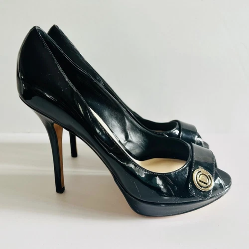 Escarpin Christian Dior peep toe cuir verni noir taille 40 classique carrière formelle