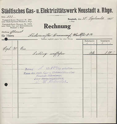 NEUSTADT a. Rbge., 3x Rechnung 1920/25, Städtisches Gas- und Elektrizitätswerk