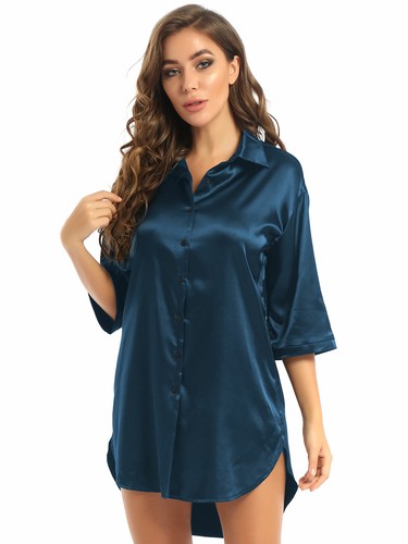 Damen Satin Schlafshirts Nachthemd Knopfleiste Seide Pyjama 3/4 Arm Nachtwäsche - Bild 19 von 94