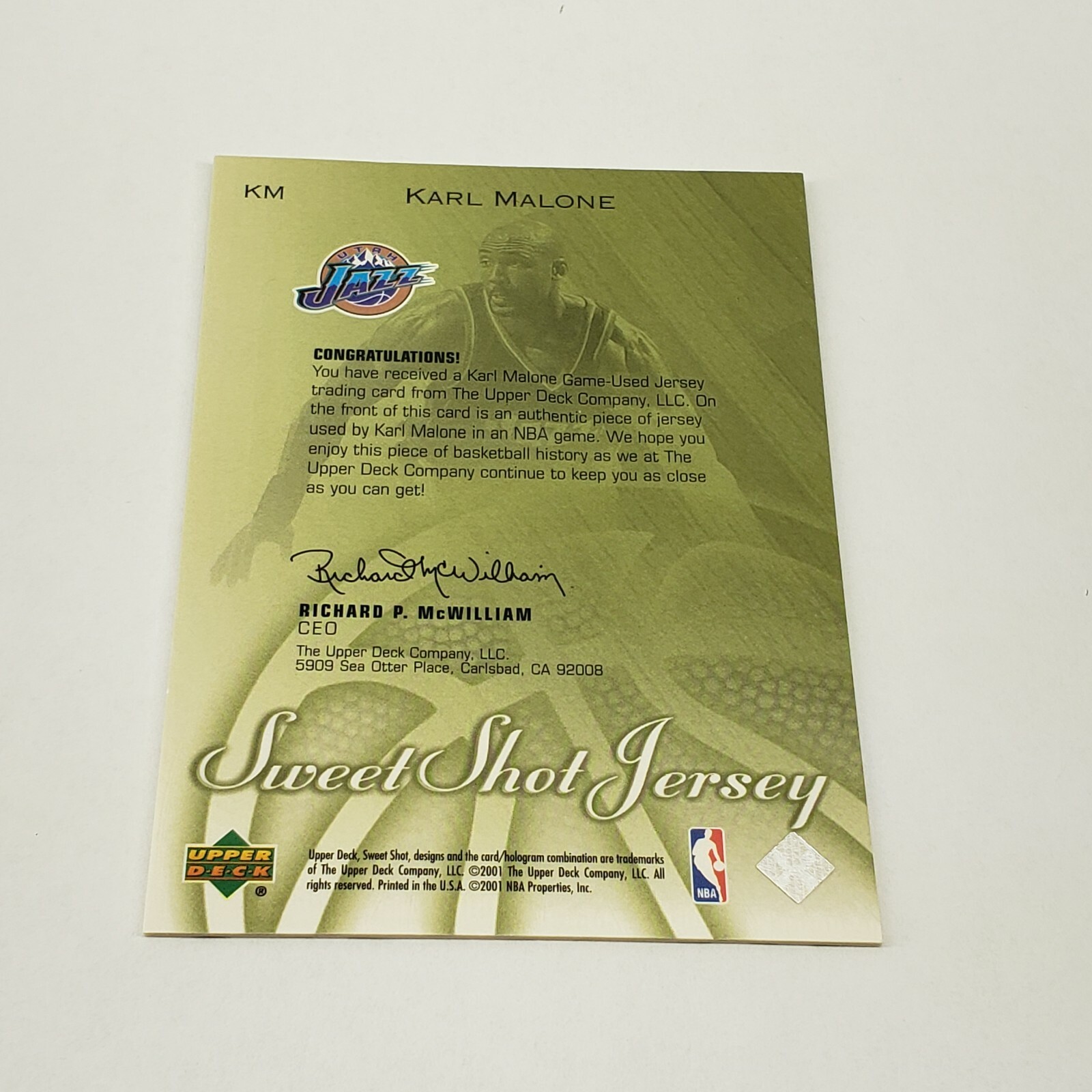 2001-02 Upper Deck Sweet Shot Karl Malone Game Used Jersey Card #KM - HOF view 3
