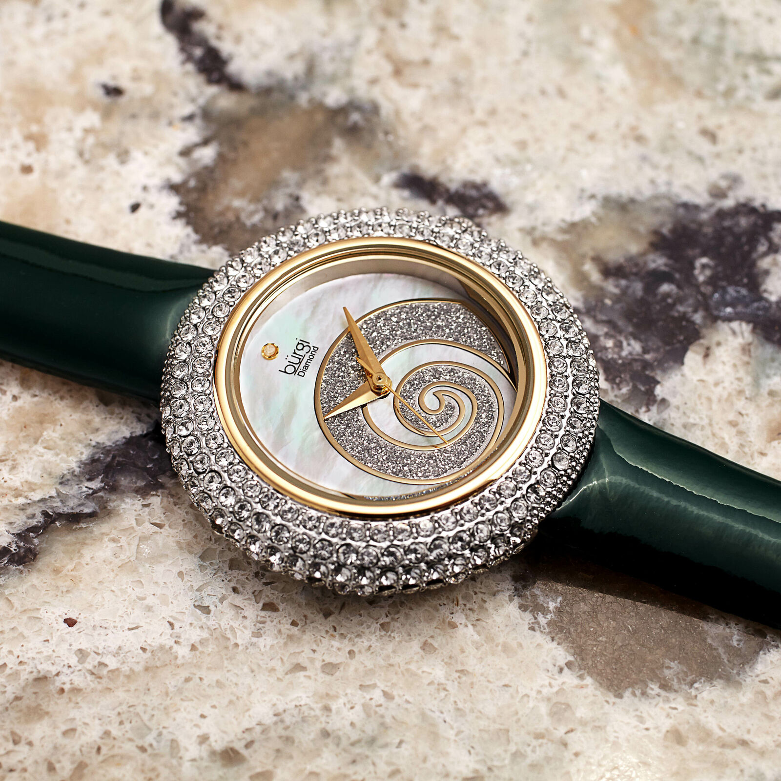 Women's Burgi BUR209GN Swarovski Crystal Diamond Sparkle Green Leather Watch  