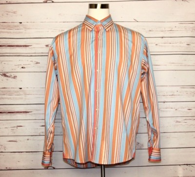 Equilibrio Luxury Men's Orange Blue Sz XL Striped Button Up Long Sleeve Shirt