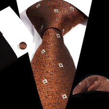 Classic Polka Dot Brown White Jacquard Silk Men's Tie Necktie Hanky Cufflink Set