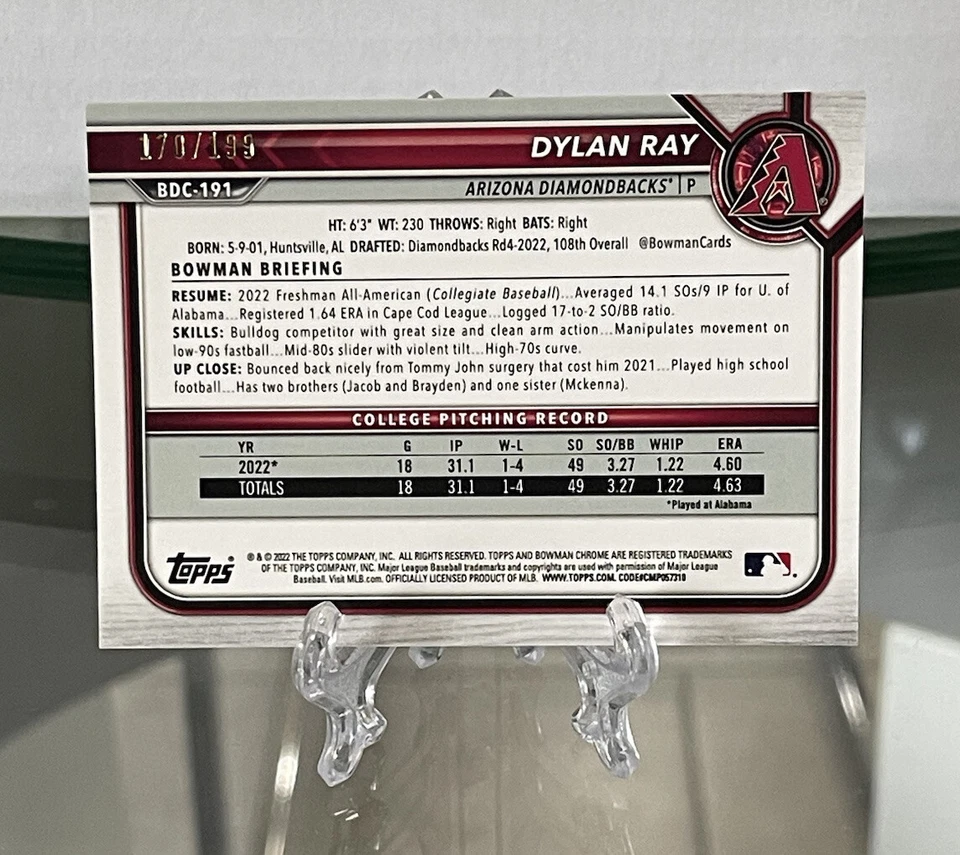 Dylan Ray 2022 Bowman Draft Chrome 1st Aqua Lava Refractor 170/199 #BDC-191 - Image 2 of 3