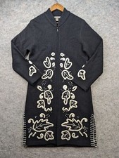 Kenar Jacket Women Medium Black Boiled Wool Embroidered Duster Cardigan Full Zip