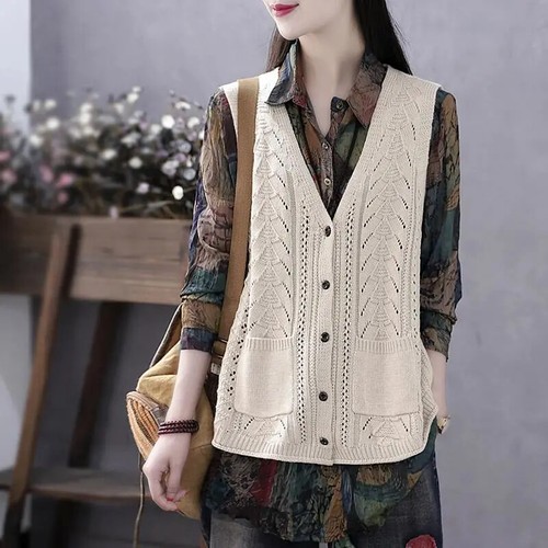 Damen Strick Weste Hohl Pullover Strickjacke Top Ethnisch - Bild 5 von 15