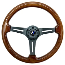14" Universal Classic Wood Grain Brushed 3-Spoke Steering Wheel 1.5inch Depth