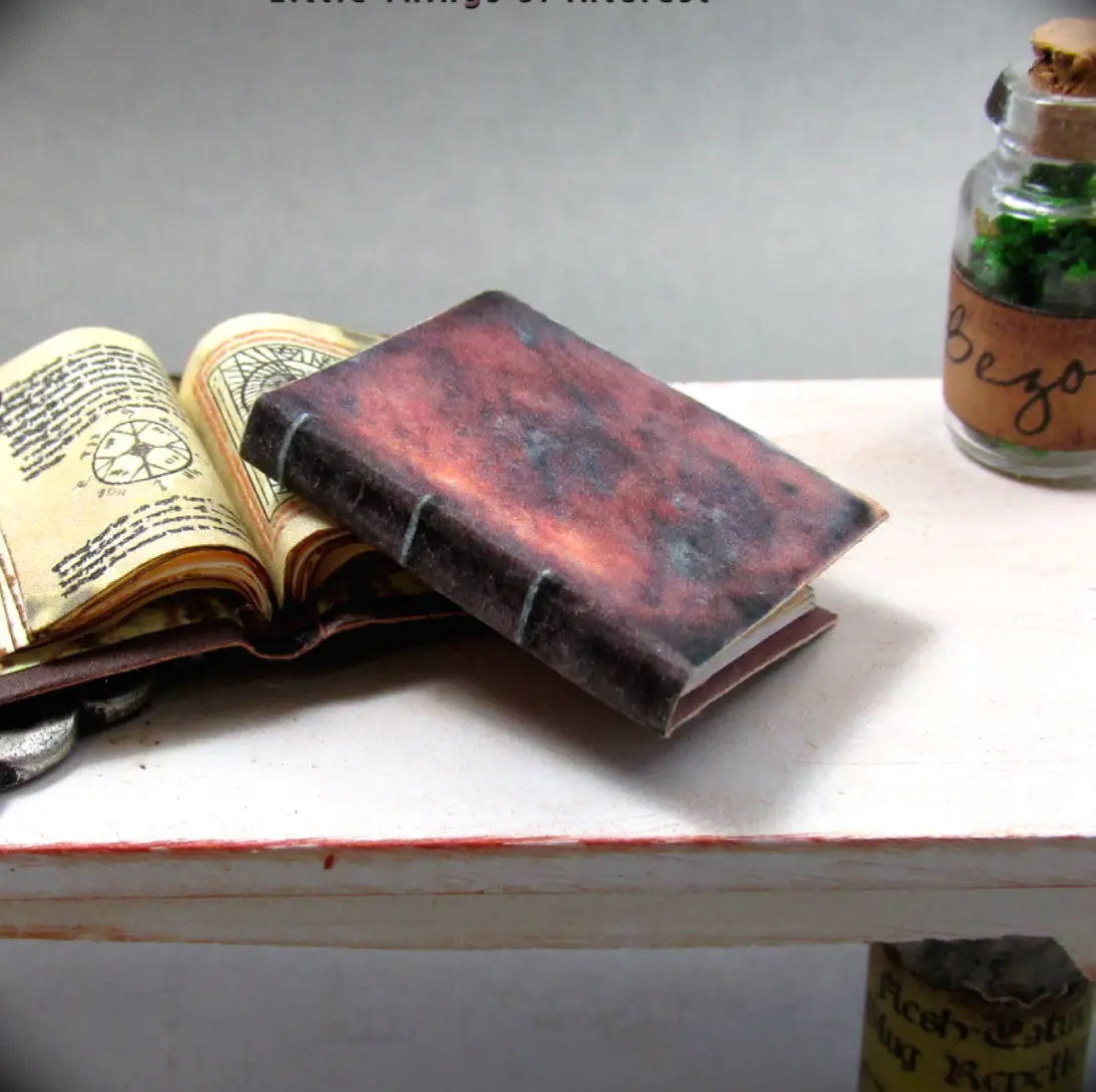 Miniature witch book, 1:6 scale open old pages magic spell book leather  cover.