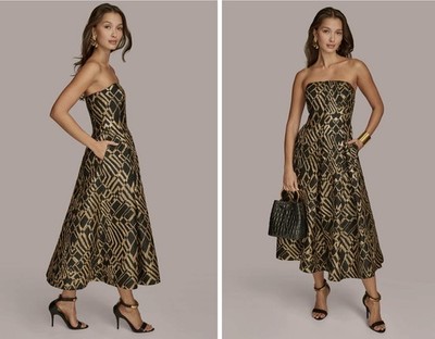 Donna Karan New York Black Gold Strapless Jacquard Fit & Flare Dress Size 2  $299 | eBay