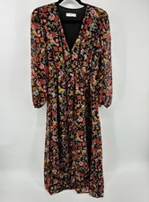 Mango Black Floral Wrap Maxi Dress with Red & Yellow Blooms Large