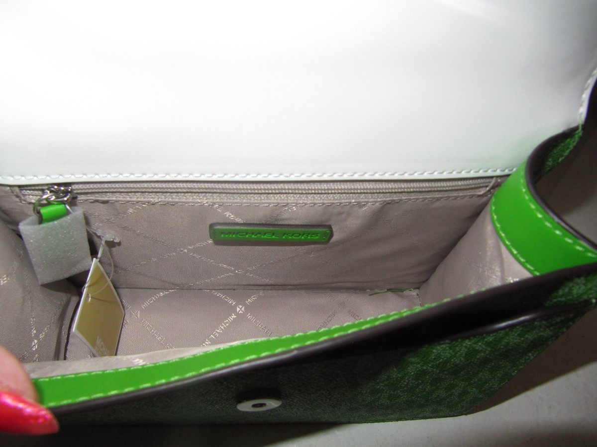 Michael Kors Greenwich Flap Crossbody Jungle Green & White Bag NWT