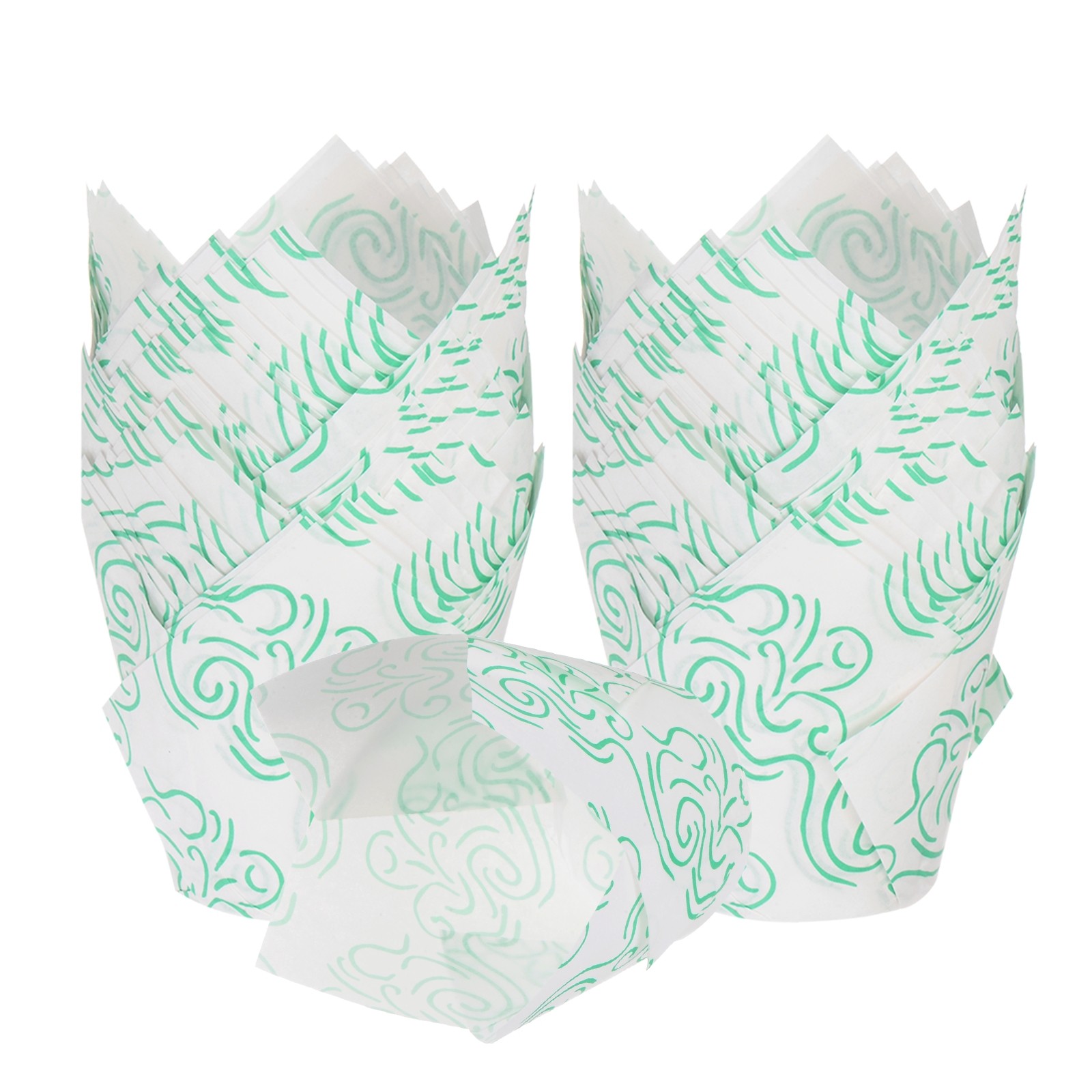 50 White and Green Tulip Baking Cups for Muffins Cupcakes