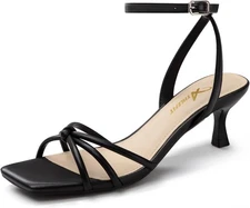 Women's Kitten Heels Square Open Toe Strappy Low Heel Ankle Strap Heeled Sandals