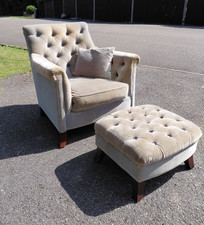 Grey Tufted Velvet Armchair with Ottoman Footstool Wooden Frame 2pc