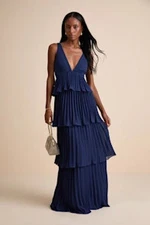 Lulus Women Mesmerizing Essence Pleated Backless Tiered Maxi Dress Navy M
