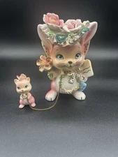 Vintage Lipper & Mann Anthropomorphic Pink Bunny and Baby Figurines