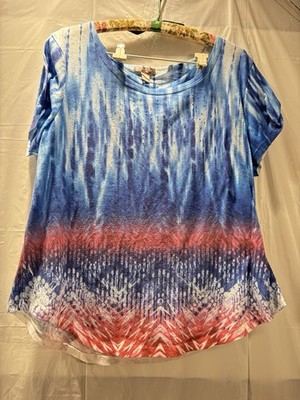 Ladies White Stag Red White Blue Print Tee-Size XL (16-18W) Rhinestones Short Sl