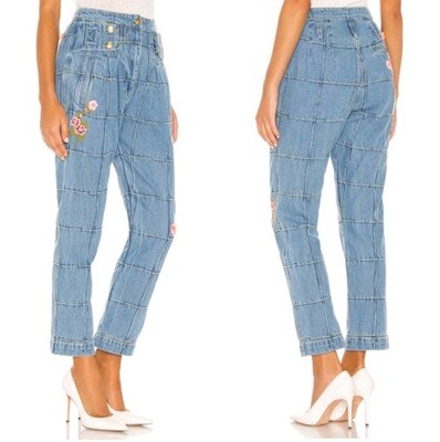 Loveshackfancy Women Embroidered Floral Marika High Rise Denim Ankle Jeans Sz 10