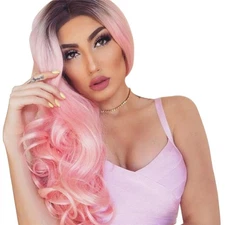 Colorful Long Curly Synthetic Wig Black Ombre Pink Cosplay Wig for Women