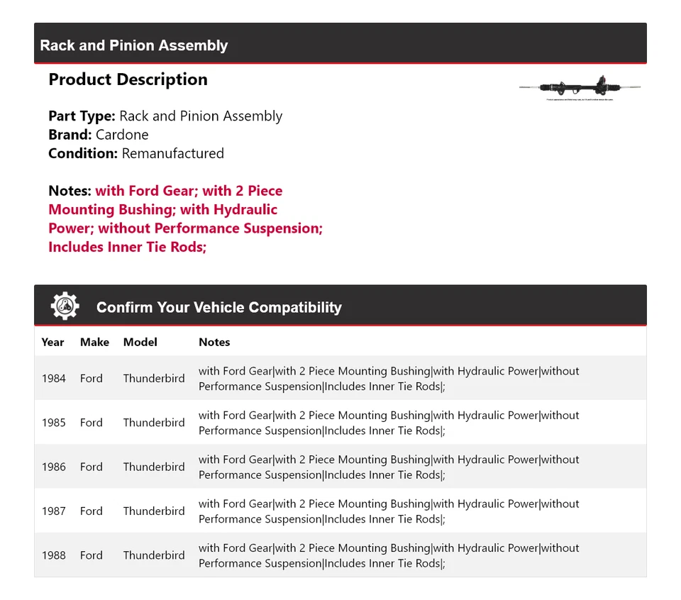 Conjunto de piñón y cremallera para Ford Thunderbird 1984-1988 Cardone 1985 1986 1987 Foto 2 de 4