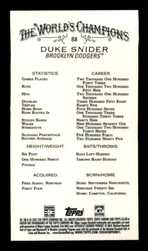 2021 Topps Allen and Ginter Chrome Mini #88 Duke Snider (ref Y02079) - Image 2 of 2
