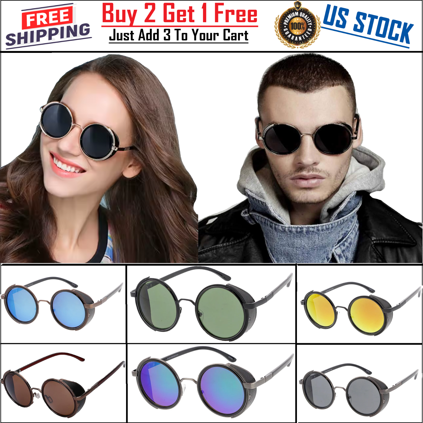 Retro Steampunk Cyber Round Metal Sunglasses with Side Shields-image