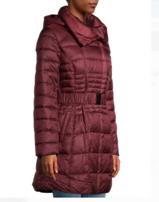 NWT Women's Belted-Quilted Puffer Coat with Oversized Hood and Collar S,M