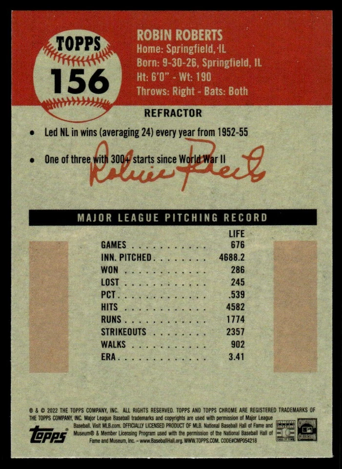 2022 Topps Chrome Platinum Refractor Robin Roberts #156 R72 - Image 2 of 2