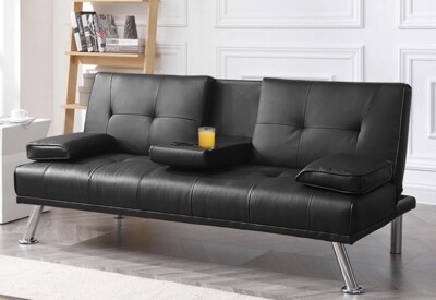 Modern Faux Leather Futon Sofa Bed Fold Up & Down Recliner Couch with Cup Holder