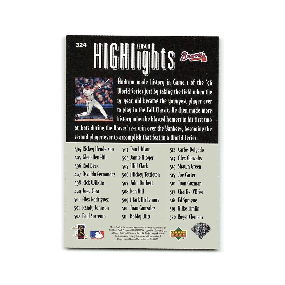 Andruw Jones 1997 Upper Deck #324 Atlanta Braves Baseball Card NM - Image 2 of 3