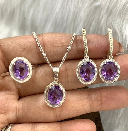 925 Solid Sterling Silver Amethyst Pendant With Earrings Silver Jewelry Set Gift