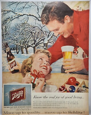 1959 Schlitz Beer Winter Holiday Scene MCM Original Print Ad Life Magazine 50s