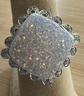 EA QVC Affinity White Sparkle Quartz Druzy 925 Sterling Silver Ring Sz 