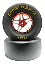 2 x  RED RC 1:10 Aluminum 12mm Hex Rims with  Goodyear Belted Drag Slick Tires